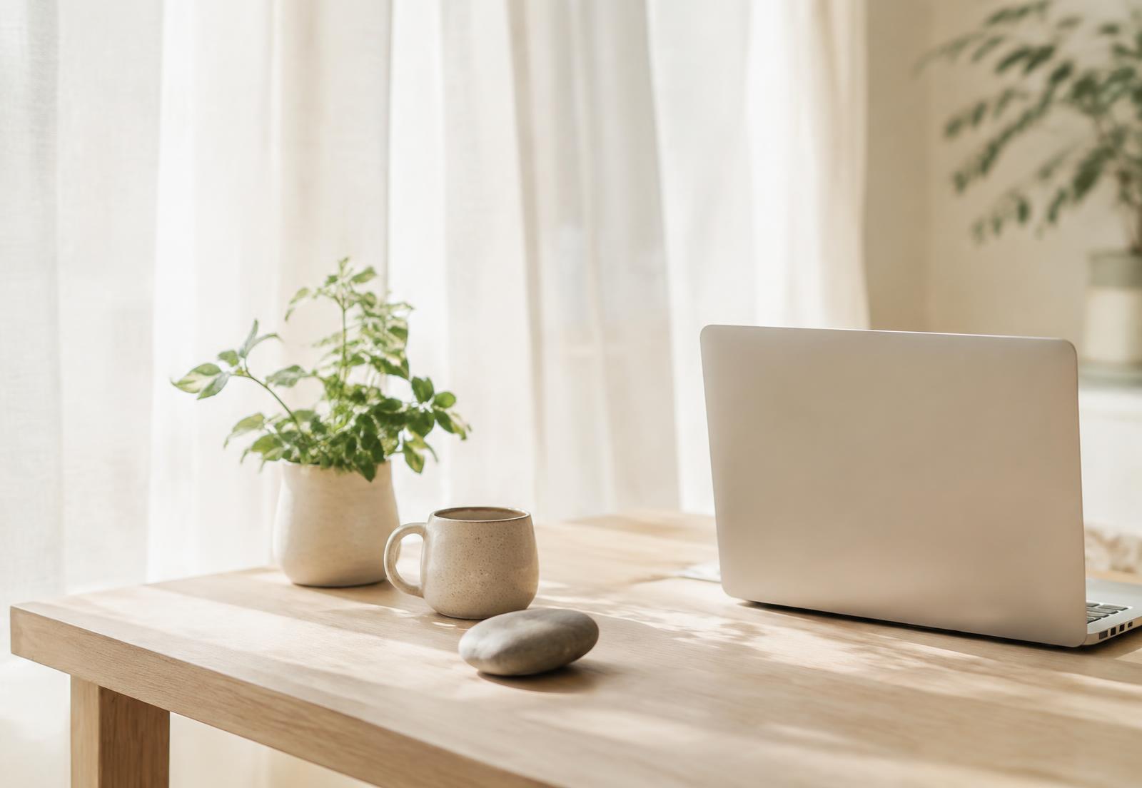 Espaço calmo com portátil, planta e chávena junto à janela